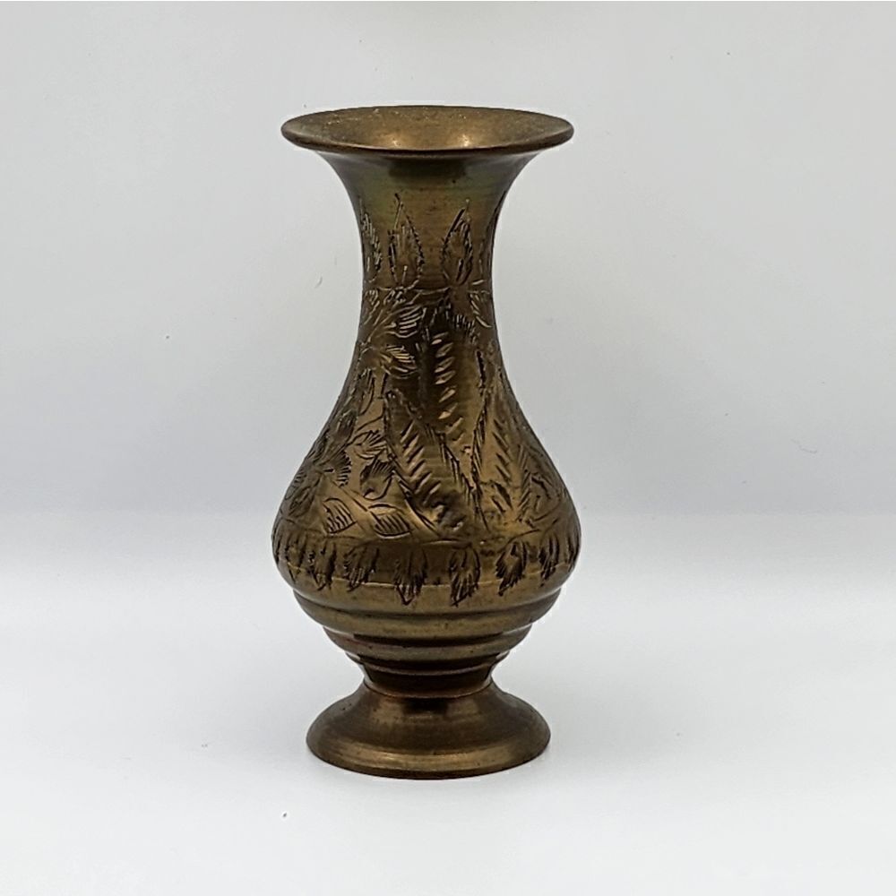 Vintage Brass Bud Vase India Hand Engraved Design